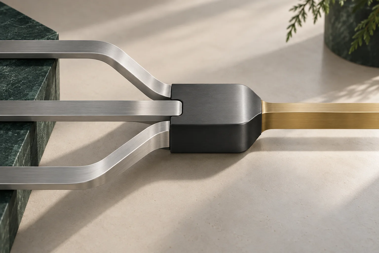 Conceptual metal routing junction joining three silver paths into one brass path